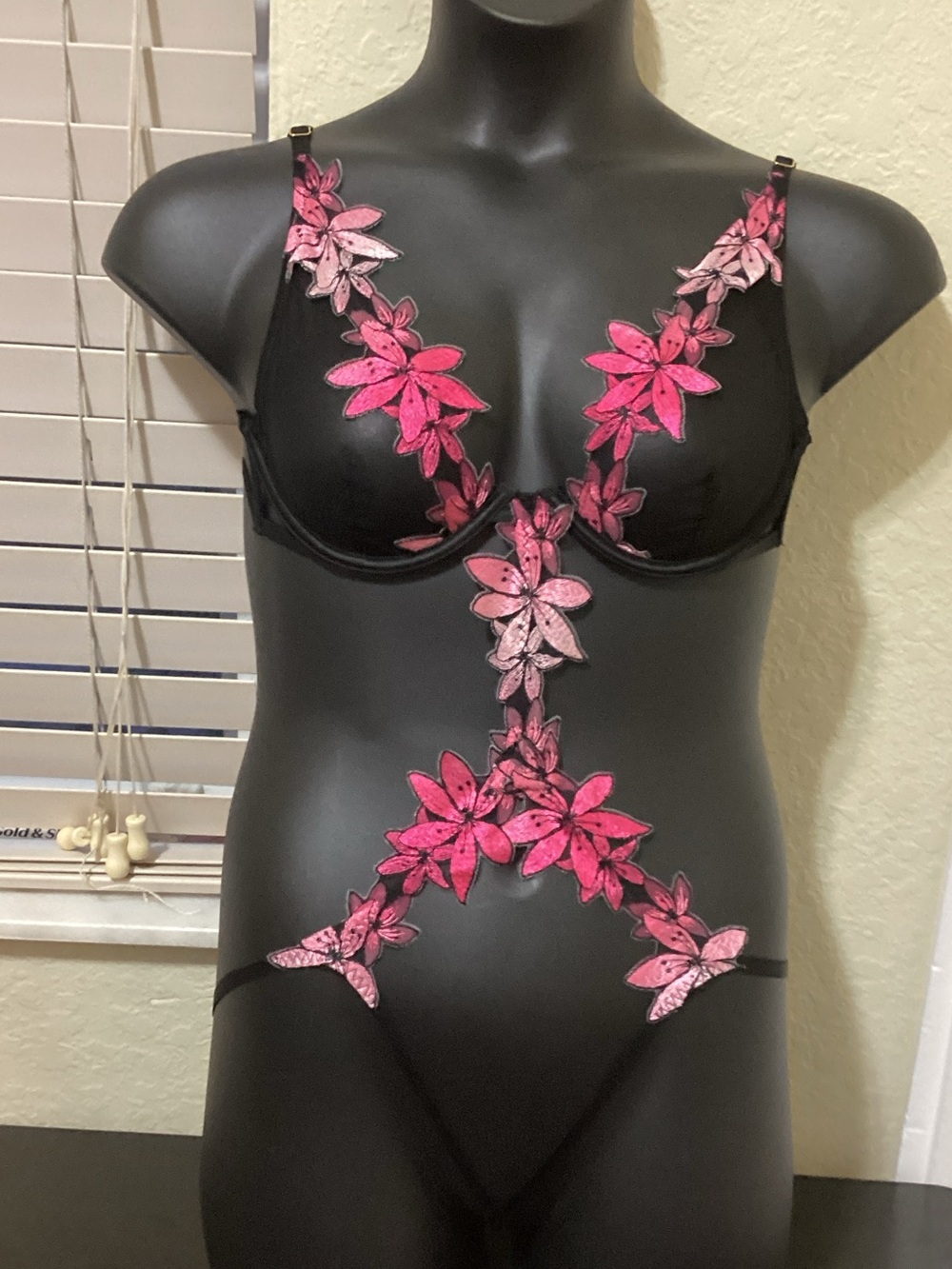 Victoria's Secret Black Chemise with Pink Floral Appliqué